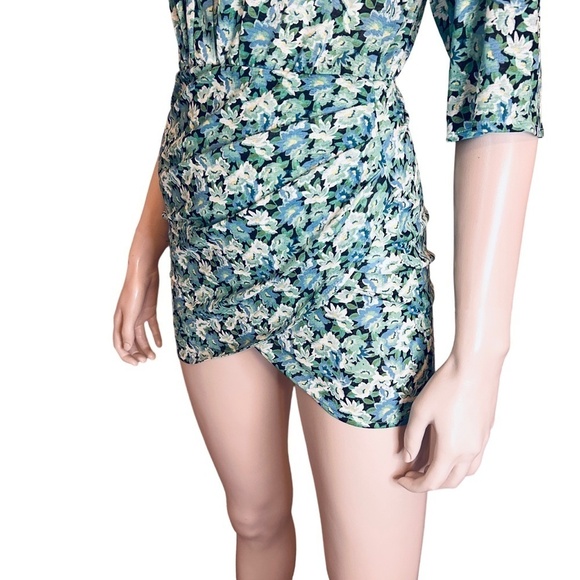 Pull & Bear Mini Dress Floral Faux Wrap front Side Ruching Deep Plunge Neck - Picture 12 of 16